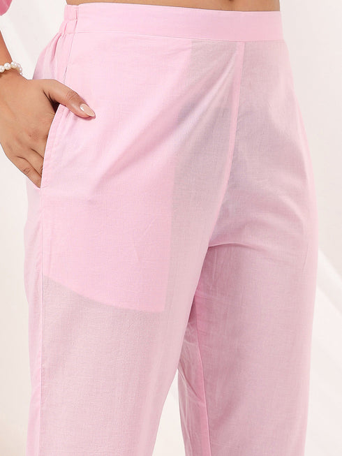 Janasya Women's Pink Pure Cotton Embroidered A line Kurta Pant Set
